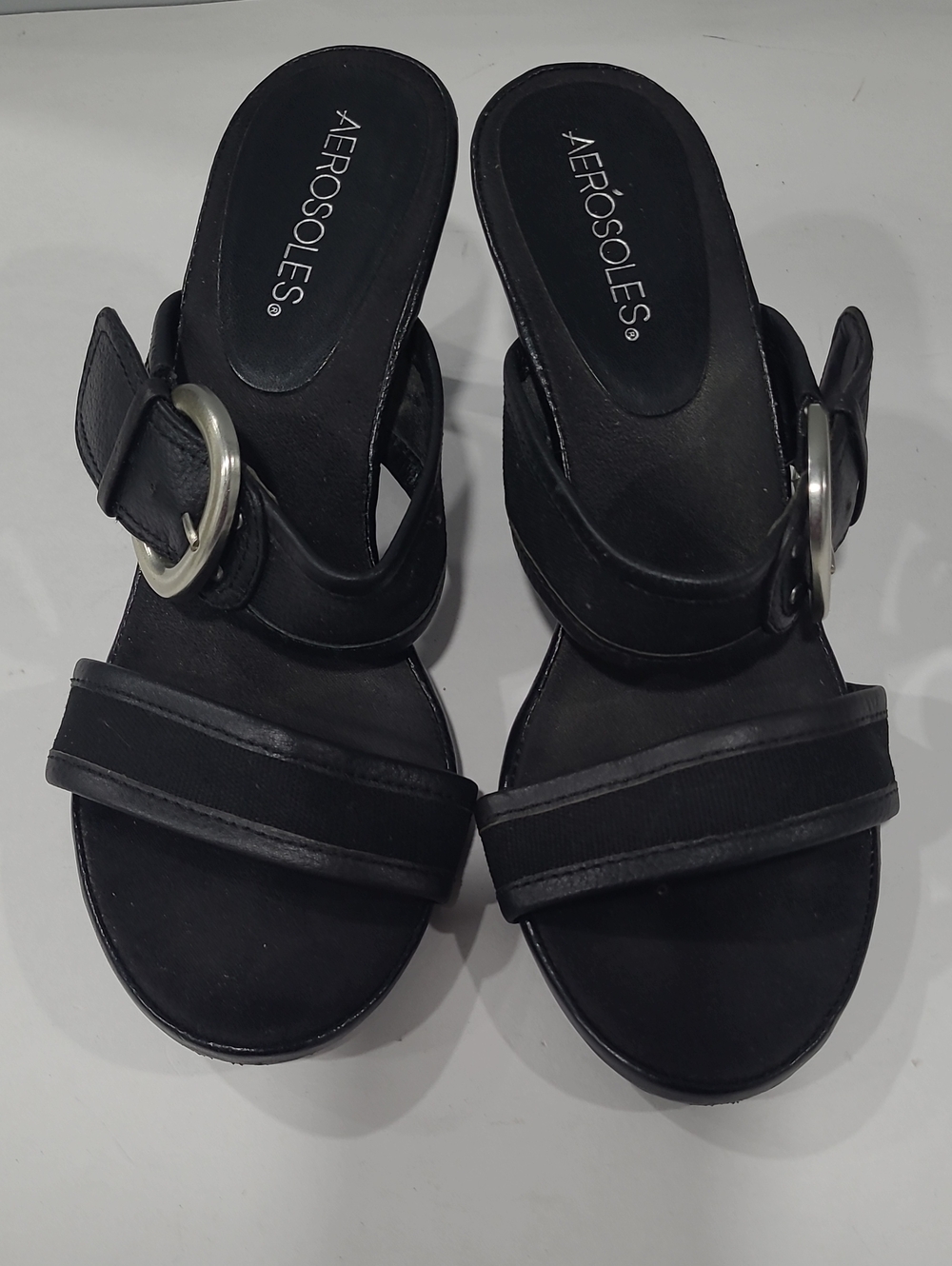 AEROSOLES Black Slide Leather Sandals W/ Silver BuckleTROT AROUND Sz 7.5M 2.5 H